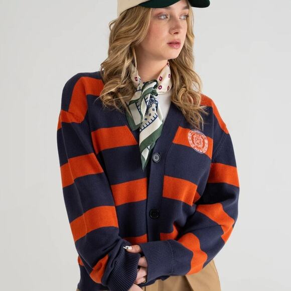 Prohibited Sweaters - Prohibited Unisex Cardigan Orange/Vintage Purple Stripe Three Button Size L